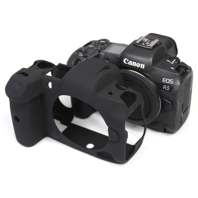  [AUSTRALIA] - for Canon R5 Silicone Gel Soft Camera Case Cover, PCTC Silicone Protective Cover Housing Frame Shell Case for Canon EOS R5 (Black), 1x Lovely Ladybug hotshoe Cap Accessories