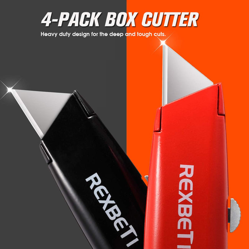  [AUSTRALIA] - REXBETI 4-Pack Utility Knife, SK5 Heavy Duty Aluminum Shell Retractable Box Cutter Knife Sets for Cartons, Cardboard and Boxes, Extra 5PCS Hook Blades and 10PCS Trapezoid Blades Included