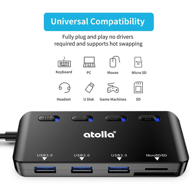 USB 3.0 HUB, atolla USB Hub with SD/Micro SD Card Reader, USB Splitter with 3 USB Ports, 2 Card Slots and Individual LED Power Switches Black - LeoForward Australia