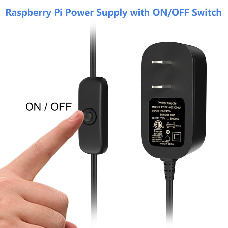  [AUSTRALIA] - Miuzei Raspberry Pi 4 Power Supply with Switch, 5V 3A Power Supply Compatible with Raspberry Pi 4 Model B, USB-C Charger Power Adapter for RPI 4B, with Type-C & Micro USB Adapter for Raspberry Pi 3B+