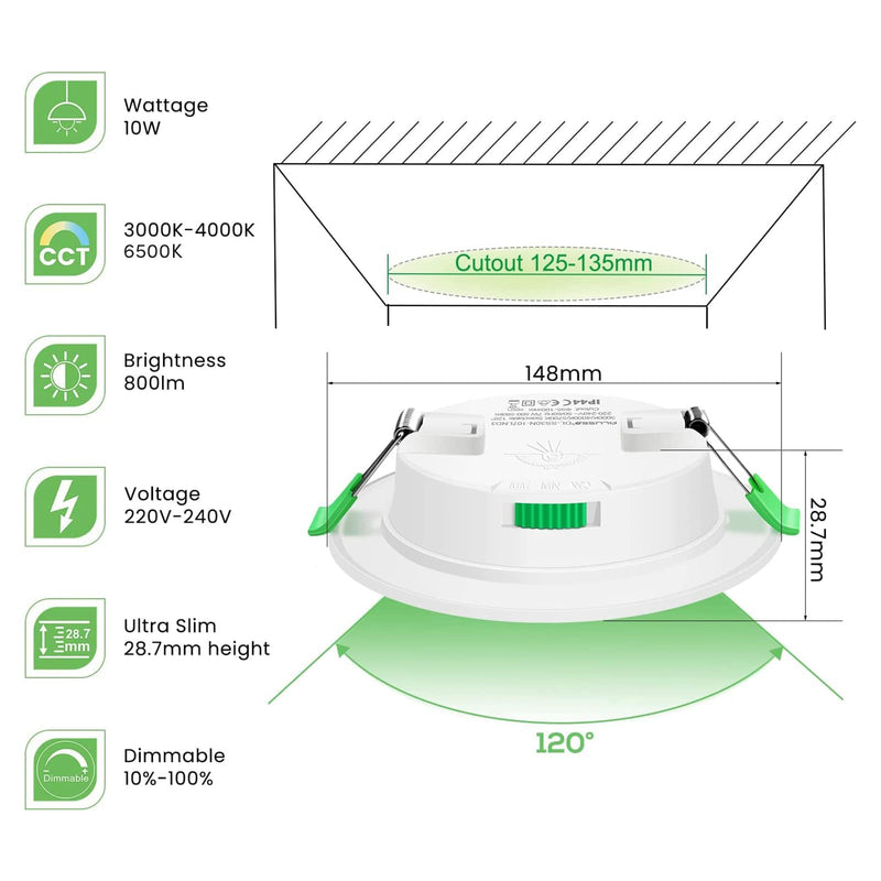  [AUSTRALIA] - ALUSSO LED ceiling spots flat 230V, 10W 800lm LED recessed spotlights dimmable ultra slim installation depth 29mm, warm white/neutral white/cold white selectable, IP44 LED spots for bathroom living room, set of 6 white, 3000k/4000k/6500k switchable