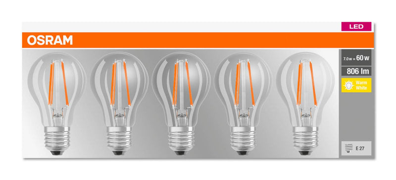  [AUSTRALIA] - Osram LED Base Classic A lamp, base: E27, warm white, 2700 K, 7 W, replacement for 60 W light bulb, clear, pack of 5