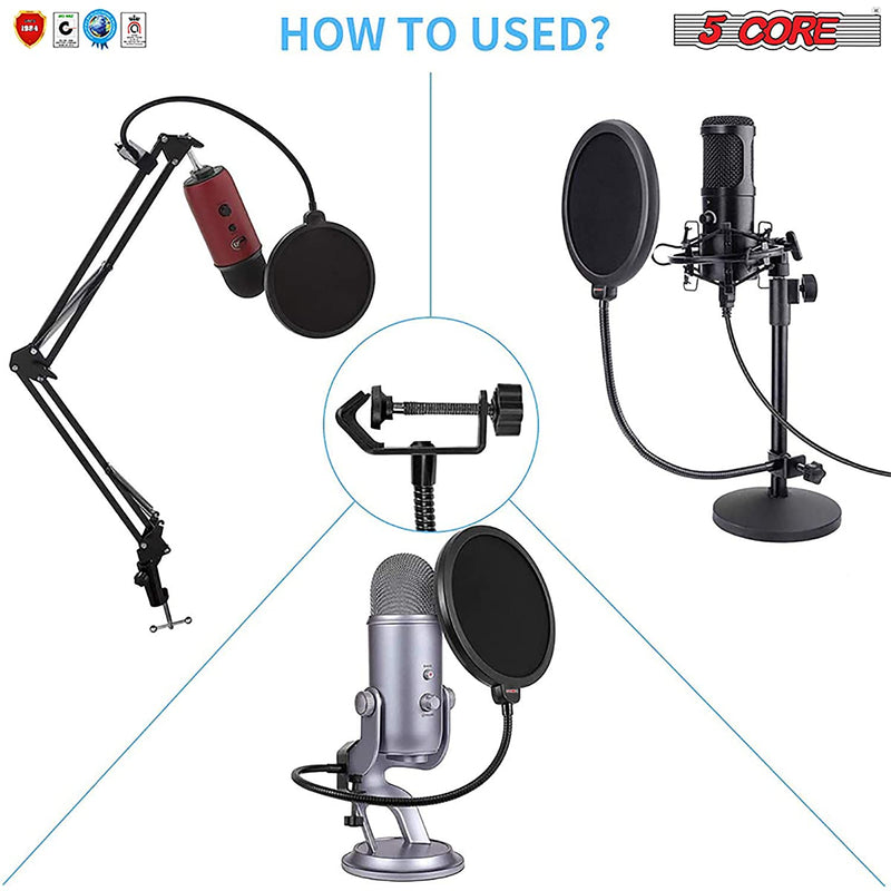  [AUSTRALIA] - Professional Microphone Pop Filter Shield Compatible Dual Layered Wind Pop Screen with A Flexible 360 Degree Gooseneck Clip Stabilizing Arm 5 Core Ratings