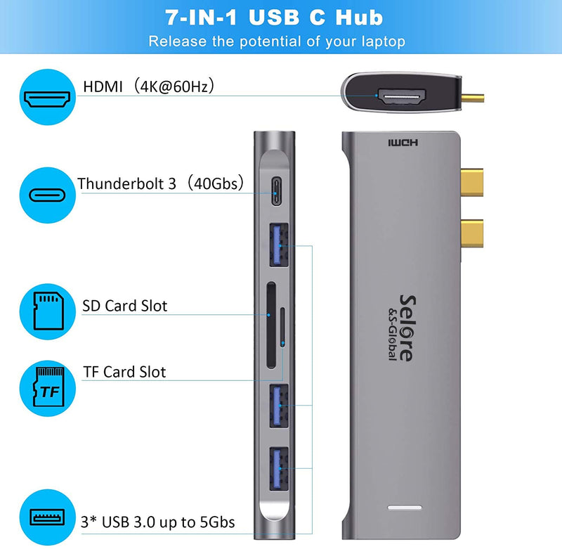 USB C Adapter for MacBook Pro Adapter, MacBook Pro USB Adapter,7 in 1 MacBook Pro HDMI Adapter with 4K@60HZ with 3 USB 3.0 Ports, SD/TF Card Reader and 100W Thunderbolt 3 PD Port - LeoForward Australia