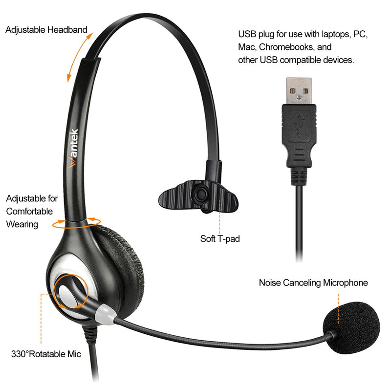  [AUSTRALIA] - Corded USB Headsets Mono with Noise Cancelling Mic and in-line Controls, Wantek UC Business Headset for Skype, SoftPhone, Call Center, Crystal Clear Chat, Super Lightweight, Ultra Comfort (UC600)