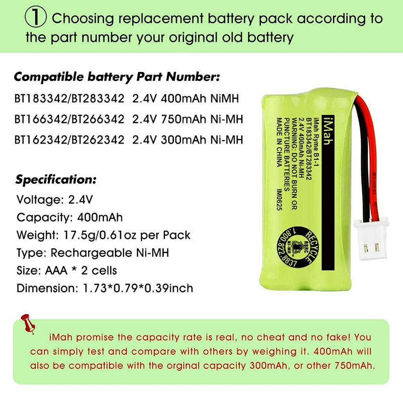  [AUSTRALIA] - iMah BT183342/BT283342 2.4V 400mAh Ni-MH Battery Compatible with AT&T CL82207 EL52100 EL50003 VTech CS6709 CS6609 CS6409 BL102-3 Handset Replace Battery BT166342 BT266342 BT162342 BT262342, 2-Pack