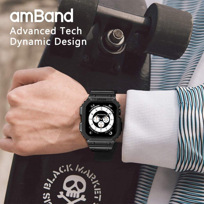  [AUSTRALIA] - amBand Compatible for Apple Watch Band 44mm 42mm with Bumper Case, Rugged Sport Men Military Protective Case with Bands for Apple Watch SE and iWatch Series 6 5 4 3 2 1 Bright Black 4244