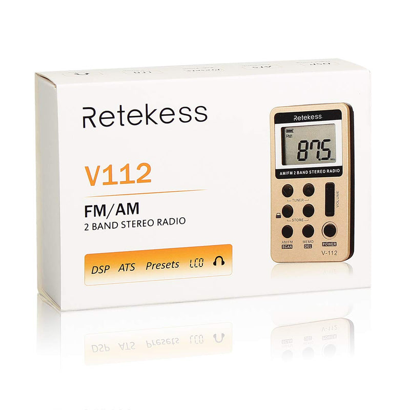  [AUSTRALIA] - Retekess V112 AM FM Radio Portable, Mini Radio with Earphone Pocket, Digital Tuning Rechargeable Battery LCD Display for Walking Jogging(Gold) Gold