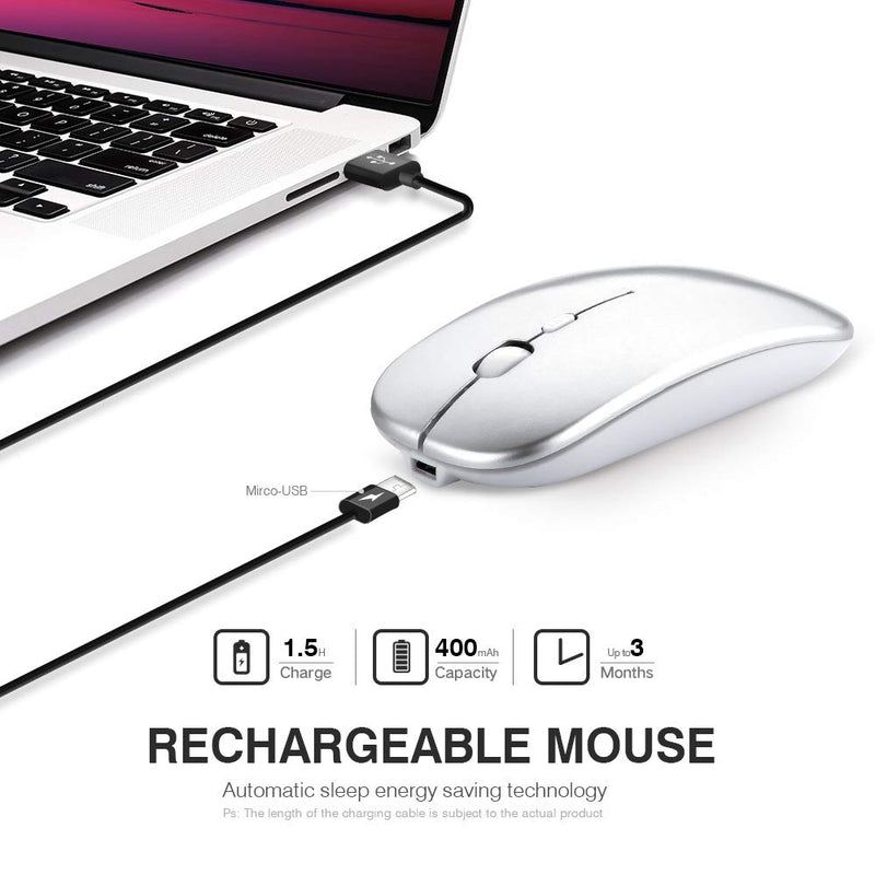 Wireless Mouse,Rechargeale & Noiseless, Inphic Ultra Slim USB 2.4G PC Computer Laptop Cordless Mice with USB Nano Receiver, 1600 DPI Travel Mouse for Office Windows Mac Linux MacBook, Silver - LeoForward Australia