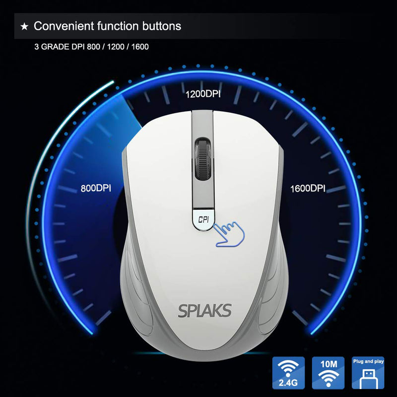 Wireless Optical Computer Mouse, Splaks 2.4Ghz Wireless Mice Portable Office Mouse, Left or Right Hand Mouse 3 Adjustable DPI, 4 Buttons with Nano USB Receiver for Computer, Laptop, MacBook White-Grey - LeoForward Australia