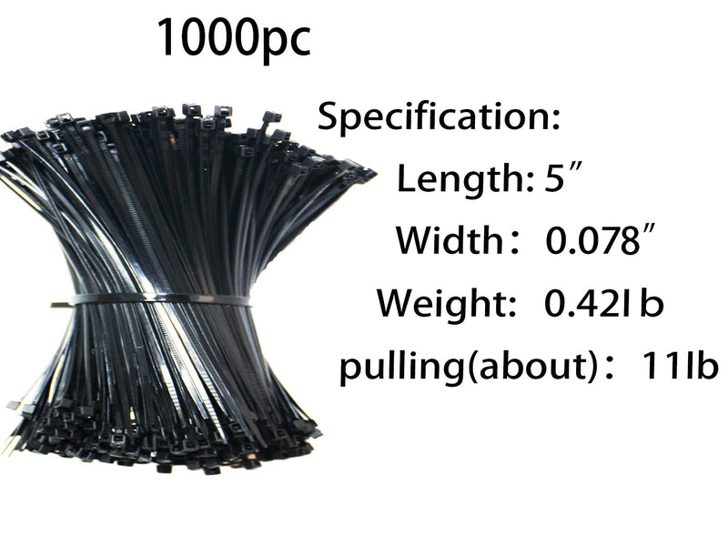  [AUSTRALIA] - Nylon Cable tie 12/10/8/6/5 inches, self-Locking Cable tie is UV Resistant and UL Flame Retardant, Suitable for Storage, Wire Management and Outdoor Gardening (5in1000 Pieces, Black) 5in1000 pieces