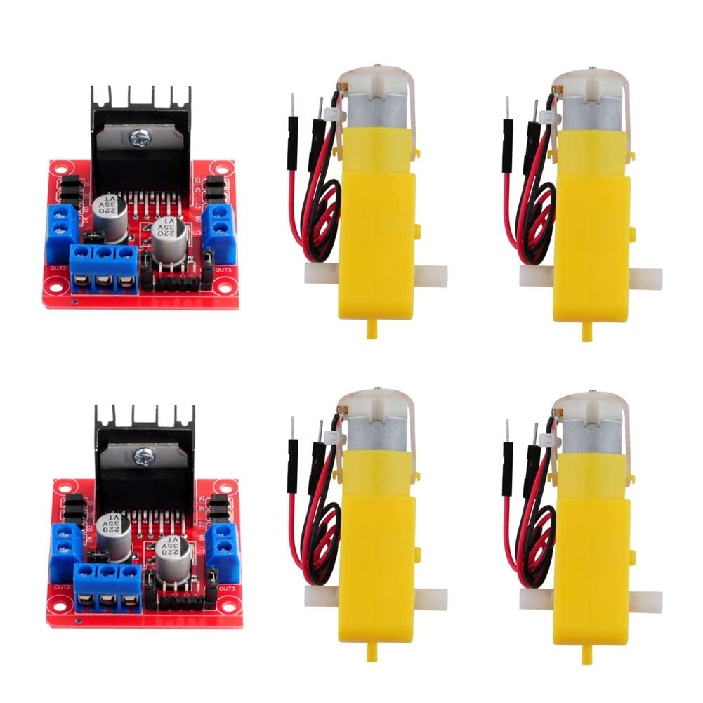  [AUSTRALIA] - Wishiot 2pcs L298N Motor Driver Board Control Module with 4 TT Motor Kit DC Gear Motor Soldered with 2 Pin Plug Dupont Wire Dual Shaft DC3-6V Ratio 1:48 200RPM