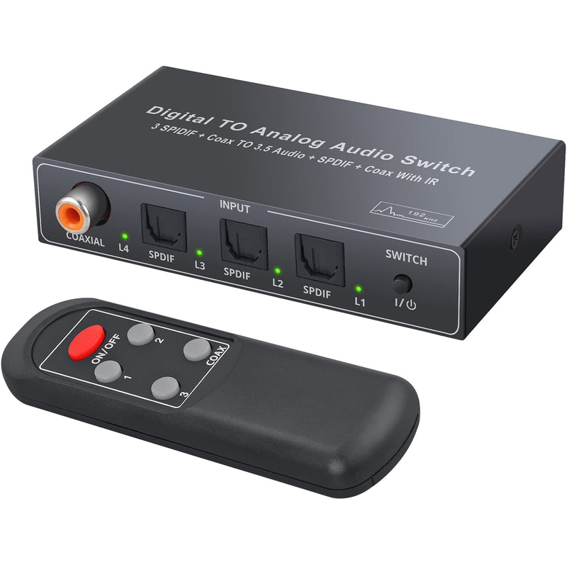  [AUSTRALIA] - LiNKFOR 192Khz Digital to Analog Audio Converter, Digital SPDIF Optical (Toslink) to Analog L/R RCA & 3.5mm AUX Stereo Audio Converter, 3X1 Toslink Switch with Remote Control & IR Extend Cable