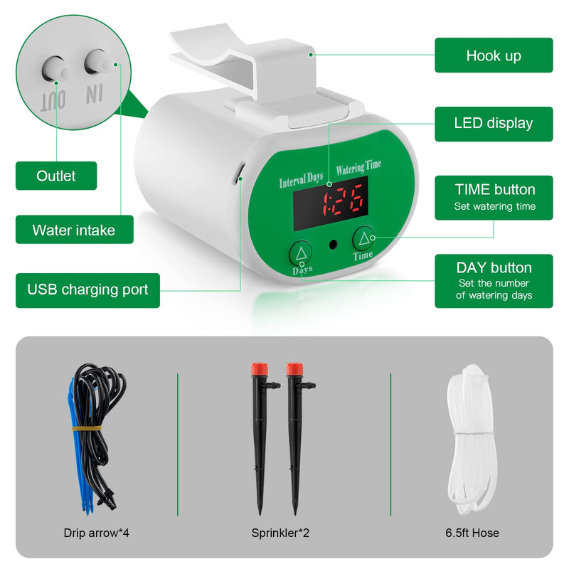  [AUSTRALIA] - Automatic Watering System for Potted Plants Watering Devices Automatic Plant Waterer System with 4 Irrigation and 2 Sprinkler Chargeable 4 Irrigation + 2 Sprinkler