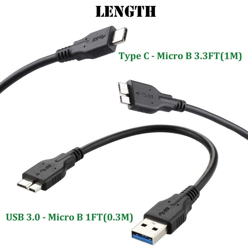 USB 3.0 Micro Cable (2 Pack), 1ft USB 3.0 A to Micro B Cable, 3.3ft USB C to Micro B Cord Compatible with Camera, Seagate External Hard Drive, WD Western Digital My Passport and Elements Hard Drives - LeoForward Australia