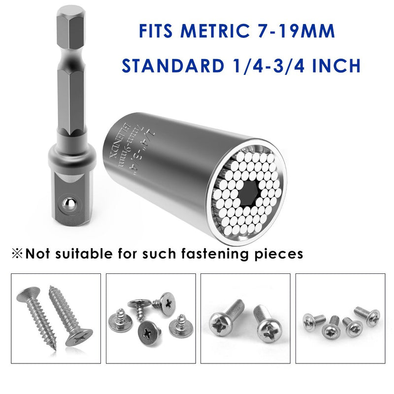  [AUSTRALIA] - Universal Socket,BLENDX 1/4"-3/4"  (7mm to19mm) Ratchet Universal Socket Set with Wrench Power Drill Adapter - Best Tool Present  for Handyman Men Husband Father Boyfriend Him (Silver) 1/4"-3/4"