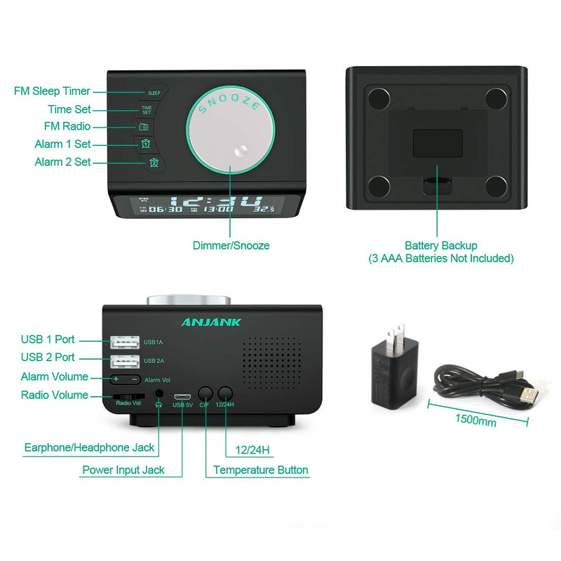  [AUSTRALIA] - 【2021 Newest】ANJANK Small Digital Alarm Clock Radio - FM Radio,Dual USB Charging Port,Dual Alarm with 7 Alarm Sounds,Adjustable Volume&Brightness Dimmer,Temperature,Battery Backup,Sleep Timer,Bedrooms