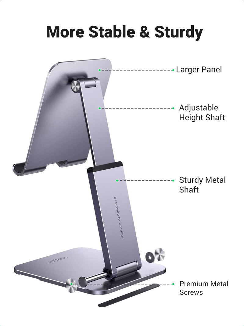  [AUSTRALIA] - UGREEN Tablet Stand Holder for Desk Height Adjustable Aluminum Foldable Desktop Tablet Holder Wide Base Dock Multi-Angle Riser Compatible with iPad Pro 12.9, 11, 10.5, 9.7 Air Mini 5 4 3 2, Grey