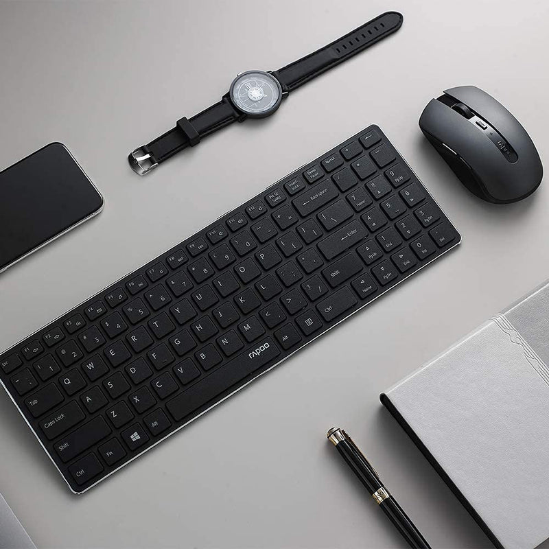 Rapoo Slim Wireless Keyboard and Mute Mouse Combo, 4.9mm Ultra-Thin Lightweight, 2.4GHz Portable Keyboards, 500/1000 DPI Silent Mouse for Computer, Desktop, PC, Notebook, Laptop, Black, 9300T - LeoForward Australia
