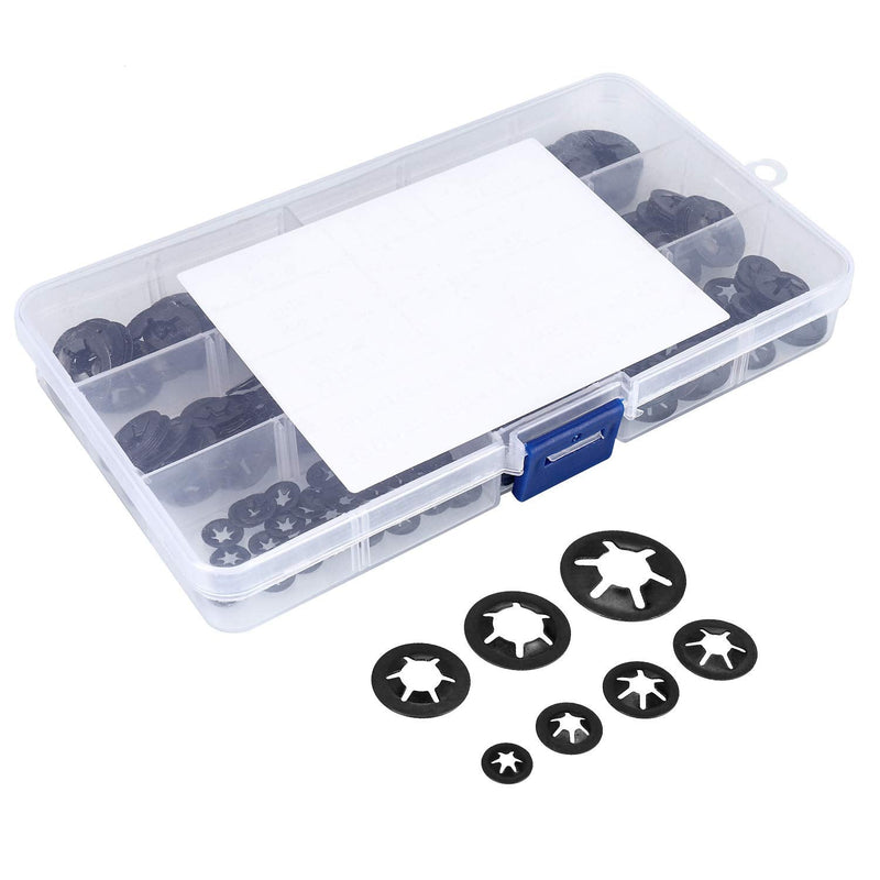  [AUSTRALIA] - HanTof 7 Sizes 320PCS Internal Tooth Starlock Washers,Quick Speed Locking Washers, Push On Retainers Clips,Push On Nut Fasteners Assortment Kit for Shaft and Stud,65Mn Spring Steel,Black Oxide Finish