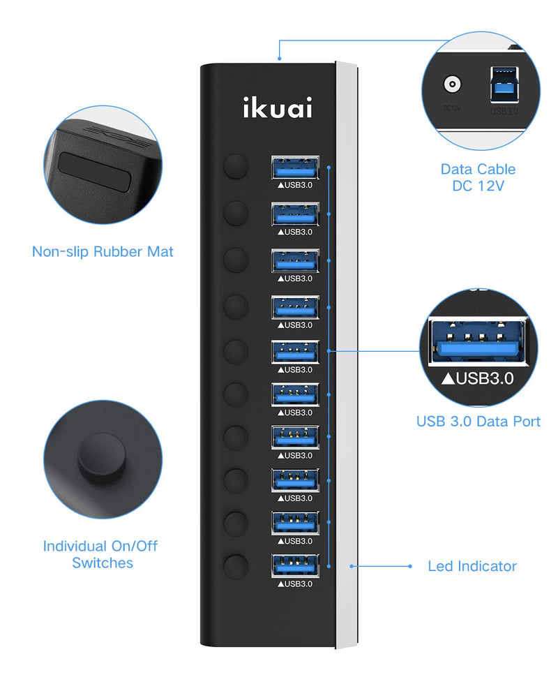 Powered USB Hub 3.0 ikuai Aluminum 10 Port USB 3.0 Data Hub Splitter with 12V/3A 36W Power Adapter and Individual On/Off Switches for Desktop PC Laptop and More - LeoForward Australia