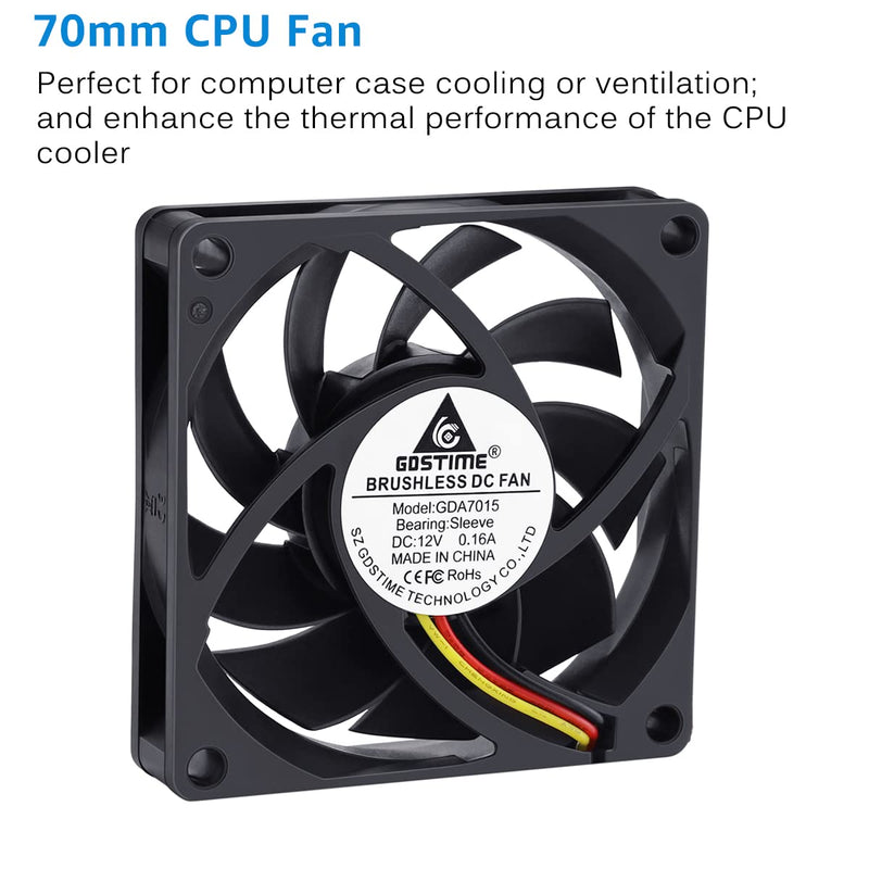  [AUSTRALIA] - GDSTIME 70mm x 70mm x 15mm 12V 3PIN DC Brushless CPU Cooler Fan