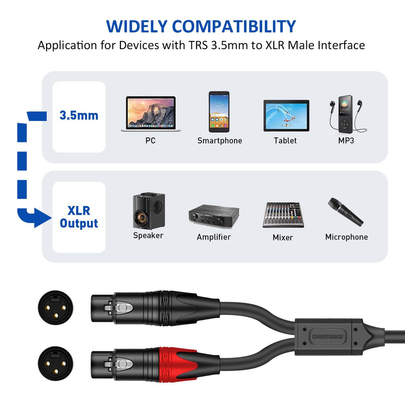  [AUSTRALIA] - DREMAKE 3.5mm TRS to Dual XLR Female Stereo Audio Breakout Cable 6FT, 1/8 Inch Male to Dual XLR 3-Pin Female Y-Splitter Adapter Cord, Dual XLR Female to 1/8'' Male Patch Mic Cable for Mixer Laptop 6FT/2.0M