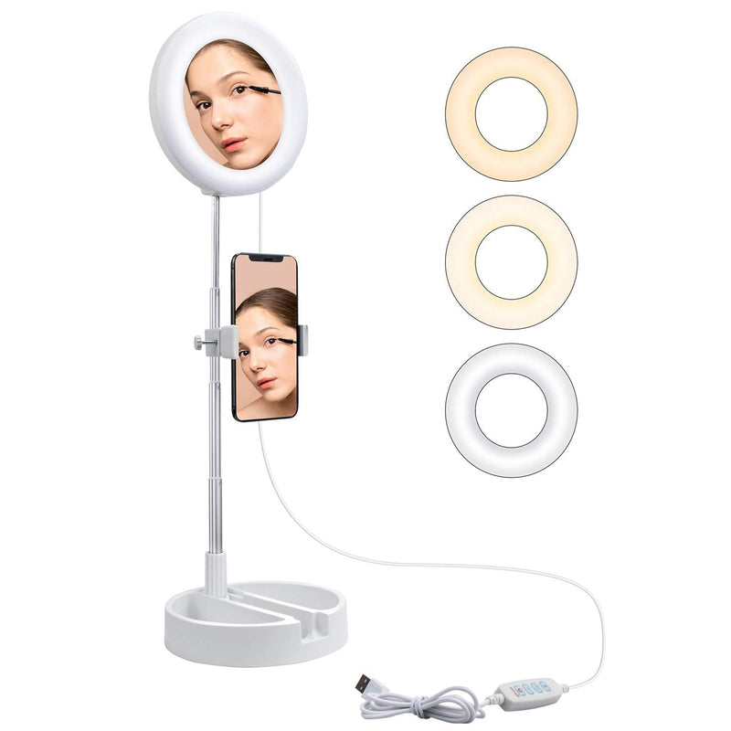  [AUSTRALIA] - 6” Selfie Ring Light Stand,Livelit Desk Foldable Ring Light Built-in Mirror for Makeup YouTube Video Live Streaming Photography Compatible with iPhone&Android (White)