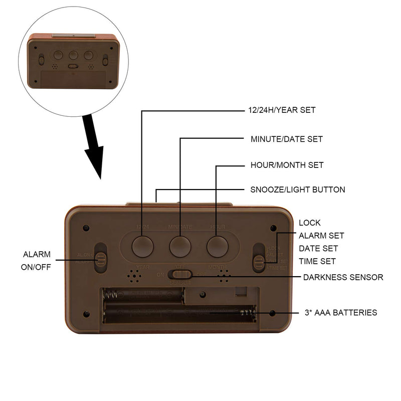  [AUSTRALIA] - OURISE Wooden Large LED Digital Alarm Clock, Smart Sensor Night Light with Snooze, Date, Temperature, 12/24Hr Switchable,Easy to Use,Solid Wood Shell, for Bedrooms and Travel,Battery Operated(Brown) Brown