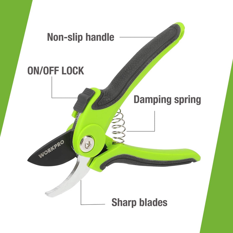  [AUSTRALIA] - WORKPRO W151007 7.5" Shrubbery Pruning Scissors, Heat-Treated Steel Construction with Non-Stick Teflon-Coated Blades, Comfortable Nylon Grips, On/Off Lock, (1 piece)