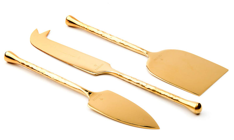  [AUSTRALIA] - LINZOM Cheese Knife Set, 18/10 Stainless Steel, Hand Forged, Gold, Teardrop Edge, Set of 3 Teardrop Edge - Shiny Gold