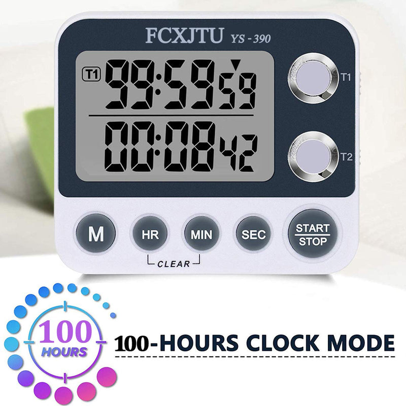 FCXJTU Digital Dual Kitchen Timer, Dual Count UP/Down Timer, Cooking Timer, Stopwatch, Large Display, Adjustable Volume Alarm and Flashing Light with Magnetic Back, Stand, Battery Included (White) YS390 White Grey - LeoForward Australia