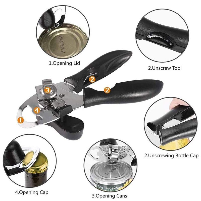  [AUSTRALIA] - QOMJT Can Opener Manual,Classic Multifunction Can Opener,Food-Safe Stainless Steel, Smooth Edge for Elderly with Arthritis-(4-IN-1-Black) 4-IN-1-Black