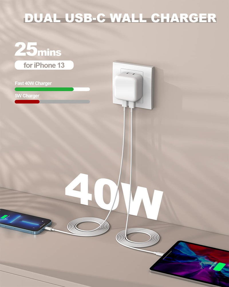  [AUSTRALIA] - iPhone Fast Charger, 40W Dual USB-C Quick Wall Charger[MFi Certified] 2pack 10FT Extra Long Lightning Cable+Double Port Foldable USBC Apple Charger Fast Charging for iPhone 14/13/12/11/XR/XS/SE/iPad