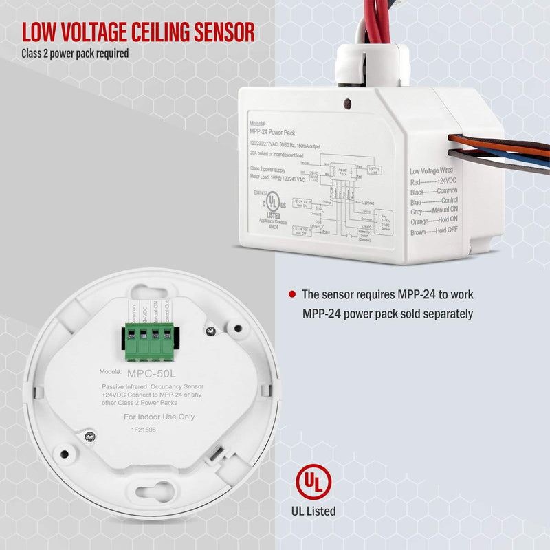  [AUSTRALIA] - ENERLITES Low Voltage Ceiling Sensor Pir Occupancy Motion Detector, 360° Field of View, 1200 Sq Ft Coverage, Commercial/Industrial Grade, MPC-50L, White