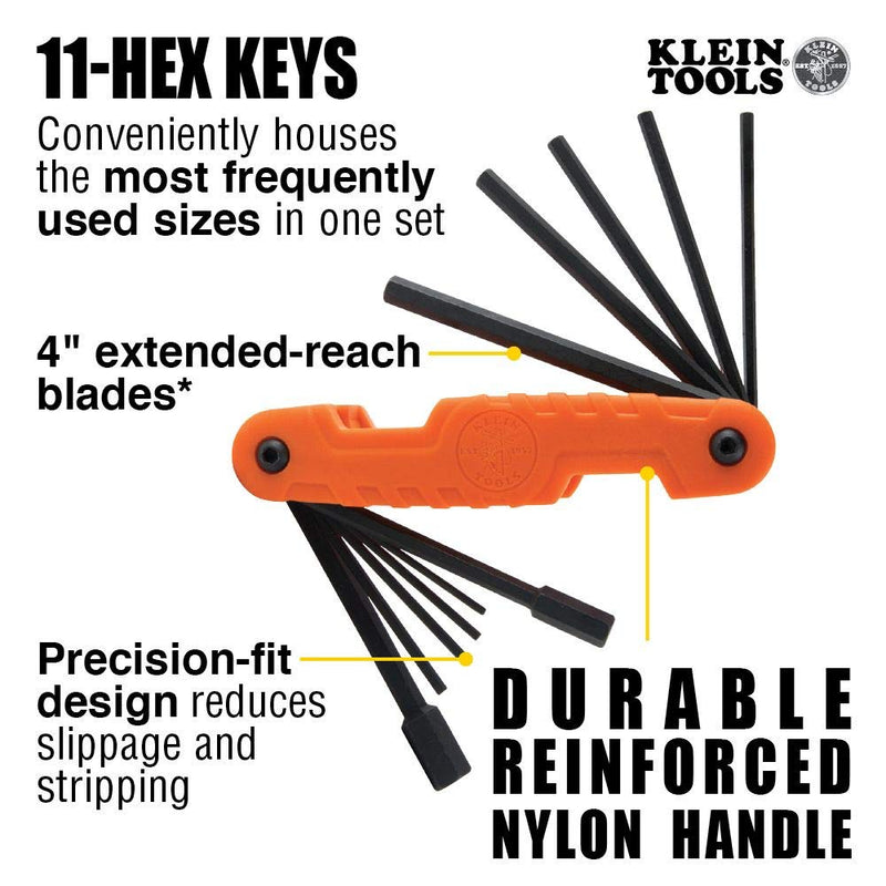 Klein Tools 70550 Hex Key Set, 11 SAE Sizes, Heavy Duty Folding Allen Wrench Tool with Extra Long Hex Keys Orange - LeoForward Australia