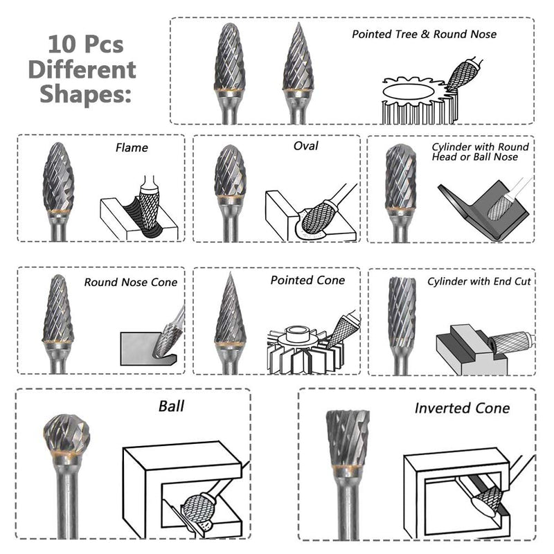  [AUSTRALIA] - Yakamoz 10 Pieces Double Cut Tungsten Steel Solid Carbide Rotary Burrs Set with 1/8"(3mm) Shank Twist Drill Bit for Woodworking Drilling Carving Engraving Rotary Tools