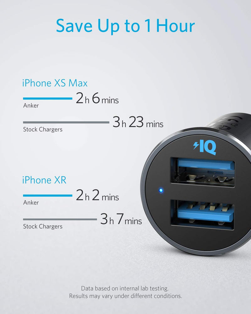  [AUSTRALIA] - Anker Car Charger, Mini Aluminum Alloy 24W Dual USB Car Charger, PowerDrive 2 Alloy Car Adapter with Blue LED for iPhone12/11/XR/Xs, iPad Pro/Air 2/Mini, Galaxy (Not Compatible with Quick Charge) Black