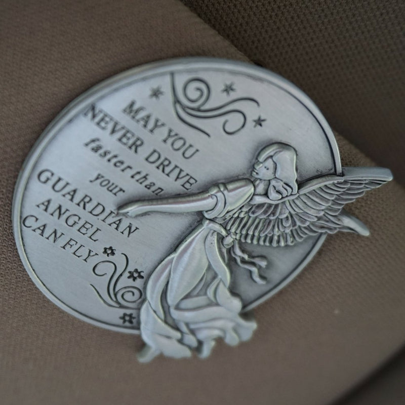  [AUSTRALIA] - Guardian Angel Visor Clip For Car: 2-1/4 Inch Diameter Metal, Reads MAY YOU NEVER DRIVE FASTER THAN YOUR GUARDIAN ANGEL CAN FLY, Best Parents Gift Idea for New Driver & Loved Ones Cars (1) 1