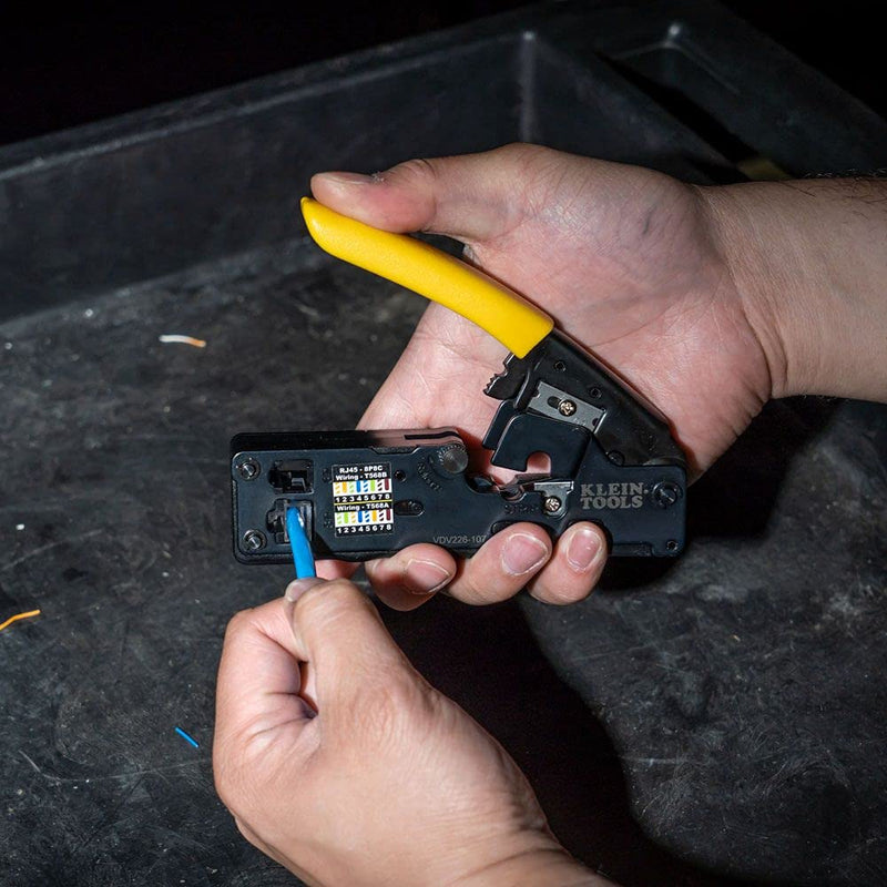  [AUSTRALIA] - Klein Tools VDV226-107 Compact Ratcheting Modular Data Cable Crimper / Wire Stripper / Wire Cutter, CAT6, CAT5, CAT3, Flat-Satin Voice Cable Crimper, Data, Compact RJ45