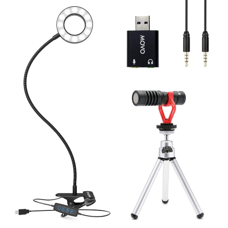  [AUSTRALIA] - Movo USB Shotgun Microphone with USB Selfie Ring Light with Stand and Phone Holder - Camera Microphone for iPhone, Android, Laptop - LED Ring Light for Phone Video, Streaming Light, Reading Light