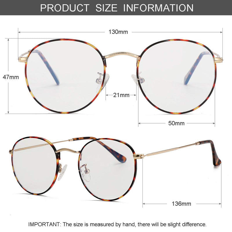 Blue Light Glasses for Women Men, Round Metal Frame Anti Bluelight Lens Computer Glasses 03 Tortoise 50 Millimeters - LeoForward Australia