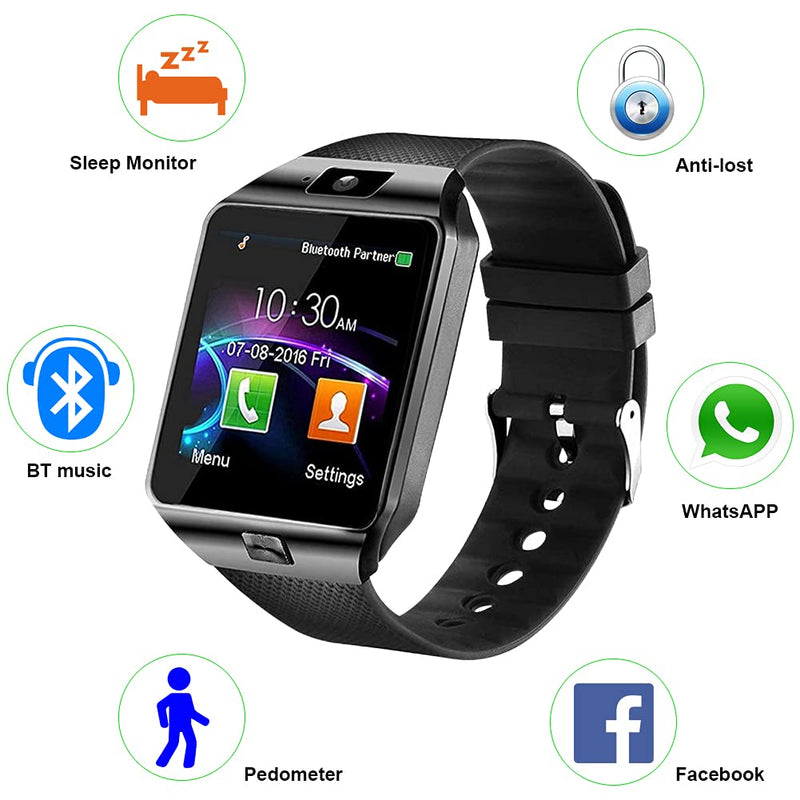  [AUSTRALIA] - Padgene Bluetooth Smartwatch,Touchscreen Wrist Smart Phone Watch Sports Fitness Tracker with SIM SD Card Slot Camera Pedometer (Black (Black Band)) Black (Black Band)