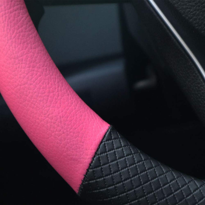 SHIAWASENA Car Steering Wheel Cover, Leather, Universal 15 Inch Fit, Anti-Slip & Odor-Free (Black&Rose Red) Black&Rose Red - LeoForward Australia