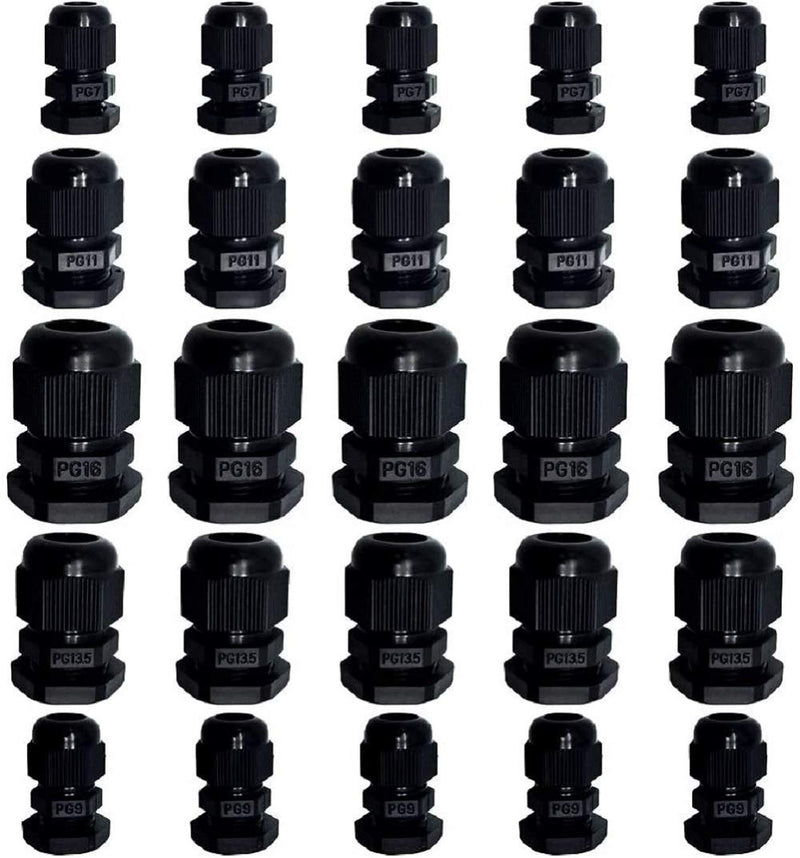  [AUSTRALIA] - Cable Glands - 25 Pack Plastic Waterproof 3.5-13mm Nylon Cable Glands Joints Wire Protectors, PG 7/9/11/13.5/16, for Home/Garden/Outdoor Lighting Cable Black