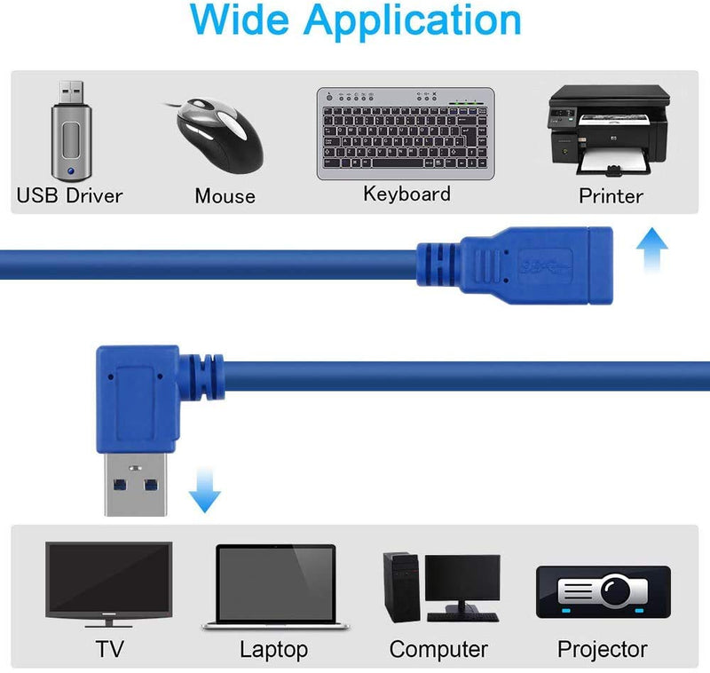  [AUSTRALIA] - USB 3.0 Extension Cable 1FT 2 Pack 90 Degree Left & Right Angle USB Adapter Male to Female Short USB3 Cables Up & Down for Laptop TV USB Disk Mouse Hard Disk Camera