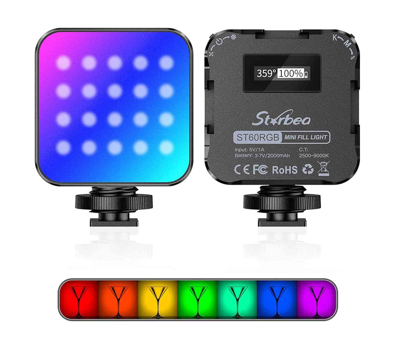  [AUSTRALIA] - Starbea RGB Video Lights, LED Camera Light 360° Full Color Portable Photography Lighting w 3 Cold Shoe, 2000mAh Rechargeable CRI 95+ 2500-9000K Dimmable Panel Lamp Support Magnetic Attraction ST-60RGB