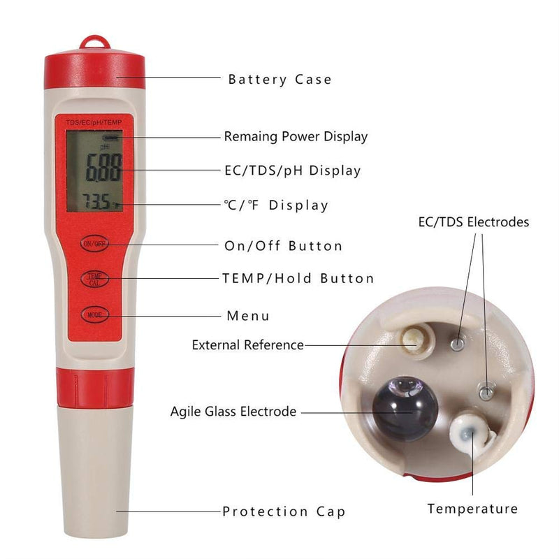 Water PH Tester 4 in 1 Function pH TDS EC Temp Digital Water Quality Tester Monitor Meter Test Pen - LeoForward Australia