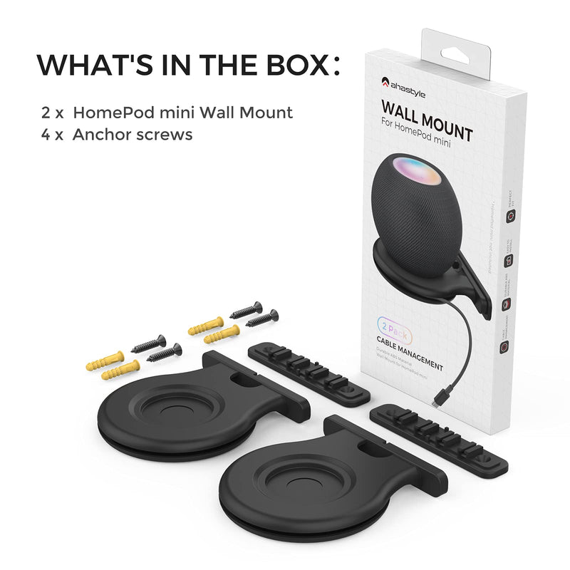  [AUSTRALIA] - AHASTYLE iHomePod Mini Wall Mount Holder ABS Stand [Built-in Cord Management] Stable Bracket Holder for HomePod Mini [Need to Drill] (Black-2pcs) Black-2pcs