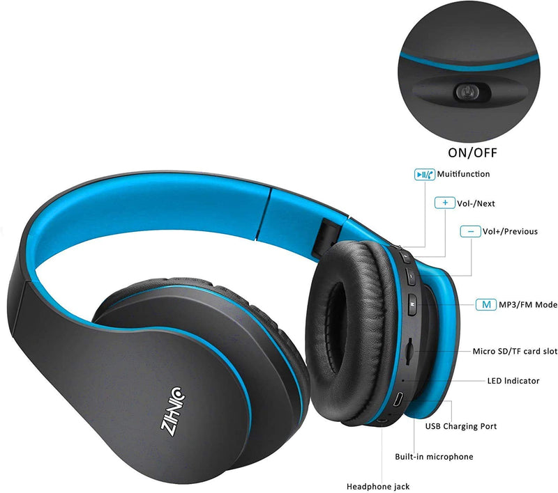  [AUSTRALIA] - Wireless Over-Ear Headset with Deep Bass, Bluetooth and Wired Stereo Headphones Buit in Mic for Cell Phone, TV, PC,Soft Earmuffs &Light Weight for Prolonged Wearing by Zihnic (Black/Blue) Black Blue